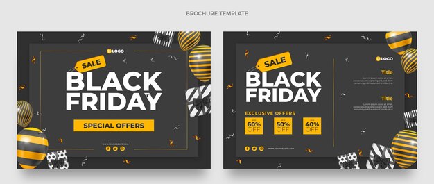 Modello di brochure realistico del black friday con palloncini neri e dorati