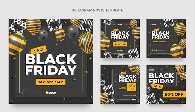 Realistic black friday instagram posts collection with black and gold balloons