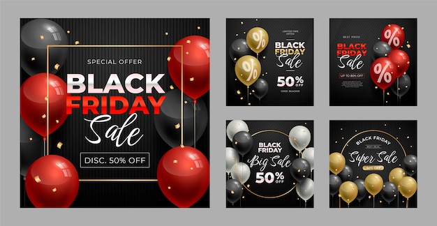 Vettore gratuito raccolta realistica di post di instagram del black friday