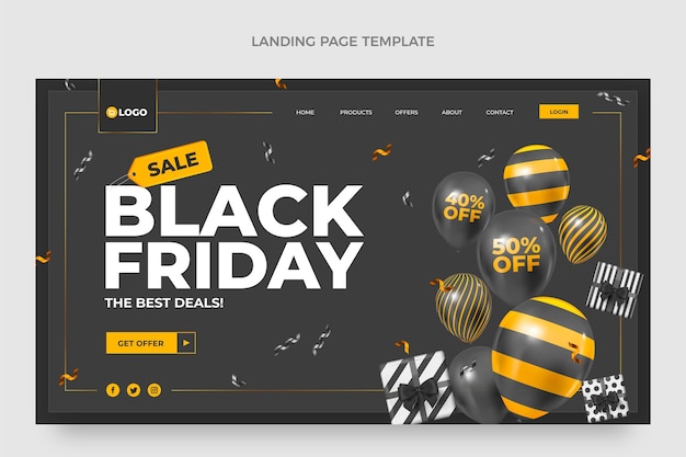 Vettore gratuito modello realistico di landing page del black friday con palloncini neri e dorati