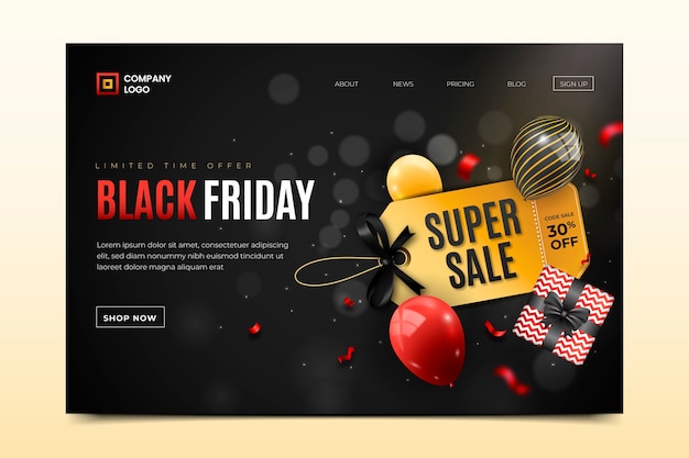 Modello realistico della pagina di destinazione del black friday