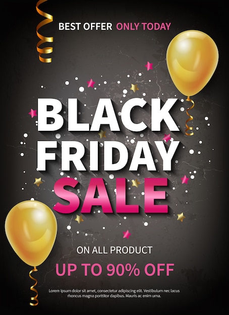 Free vector realistic black friday sale banner or poster decorated with balloons and confetti