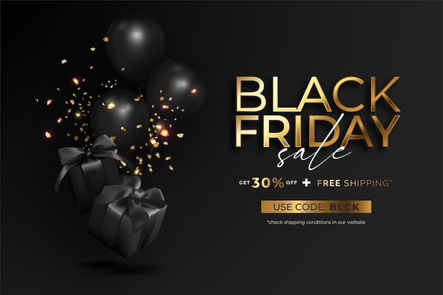 Realistic black friday sale banner with gifts and balloons
