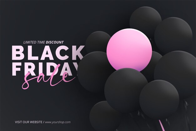 Realistic black friday sale banner with pink and black balloons
