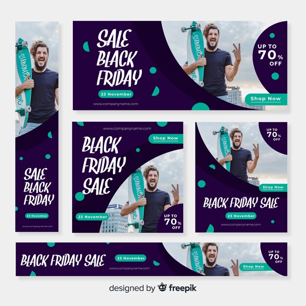 Realistic black friday sale web banner set with guy shopping