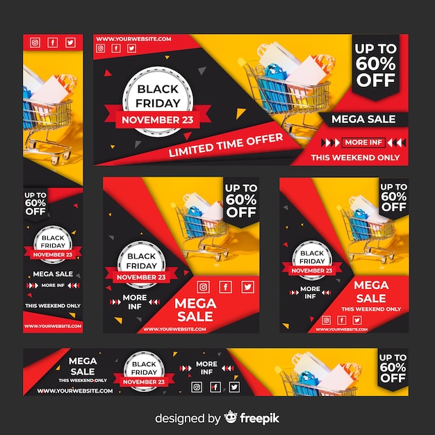 Vettore gratuito bandiera di web di vendita venerdì nero realistico impostato con carrello