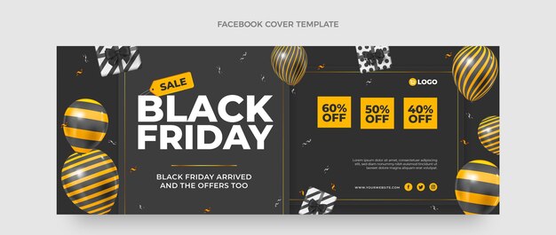 Реалистичный шаблон обложки для социальных сетей черной пятницы с черными и золотыми воздушными шарами