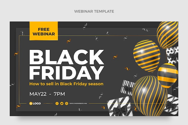 Modello realistico di webinar del black friday con palloncini neri e dorati