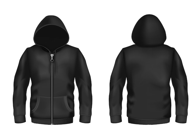 Realistic black hoodie with zipper, with long sleeves and pockets, casual unisex model