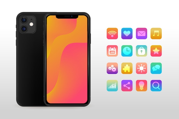 Vettore gratuito realistico smartphone nero con diverse app