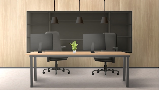 realistic black and wooden office