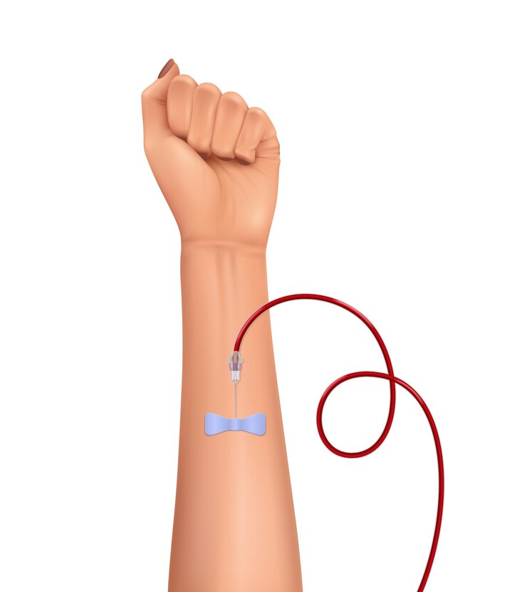 Free Vector realistic blood donor vacuum tube composition with human hand with inserted dripper isolated on white background vector illustration