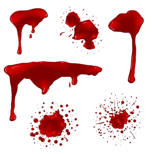 현실적인 혈액 뿌려 놓은 것 요 벡터 세트. 스플래시 액체, 얼룩 잉크, 얼룩 및 오점 그림