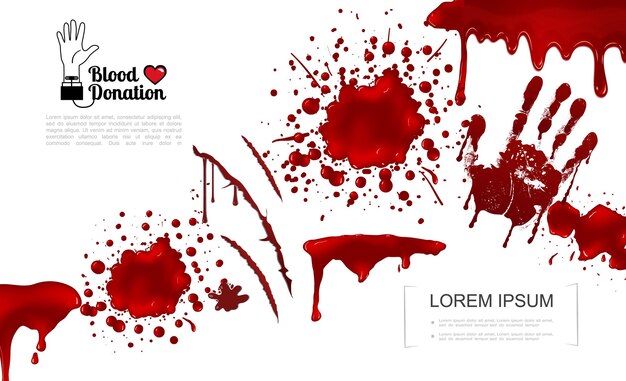 Realistic bloody elements template with blood splashes splatters blots spots drips and handprint  illustration,