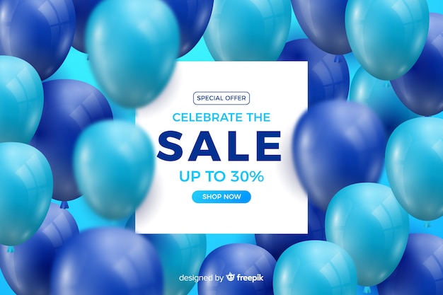 Realistic blue balloons sale background with text