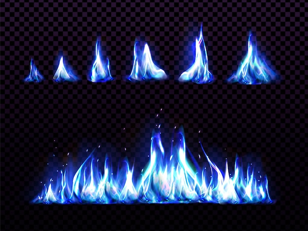 Free vector realistic blue fire set for animation, torch flame