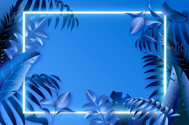 Realistic blue leaves with neon frame