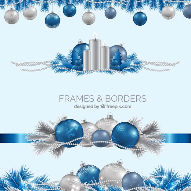 Realistic blue and silver christmas borders