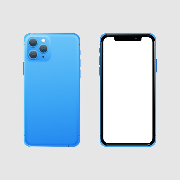 Реалистичный синий смартфон спереди и сзади