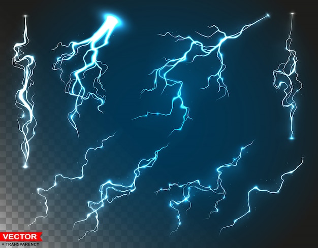 Realistic blue thunderstorm lightnings set