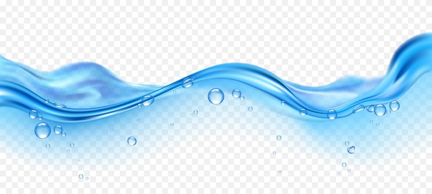 Реалистичная голубая волна воды с пузырьками на прозрачном фоне векторной иллюстрации