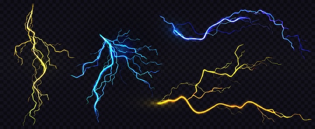 Realistic blue and yellow lightning bolts