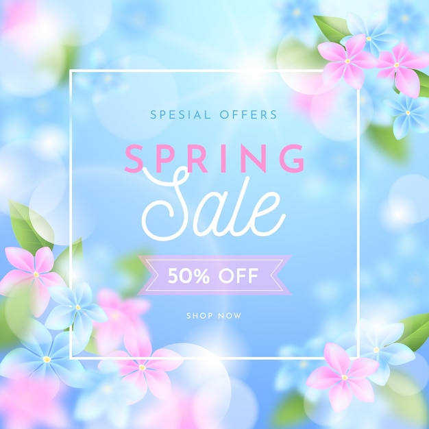 Realistic blurred spring sale illustration with flowers