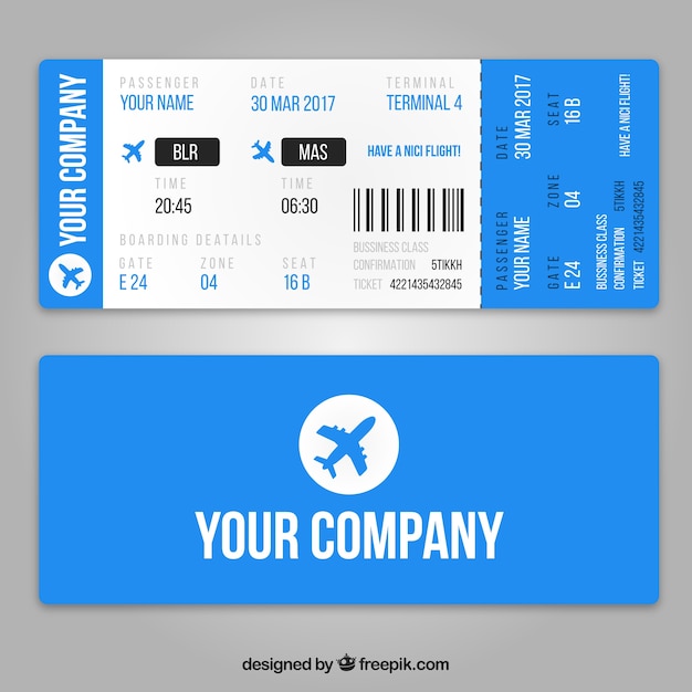 파란 비행기와 현실적인 탑승권 템플릿