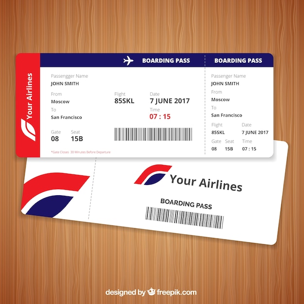 Free vector realistic boarding pass with blue and red details