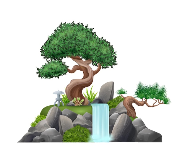 Free vector realistic bonsai tree composition with decorative waterfall vector illustration