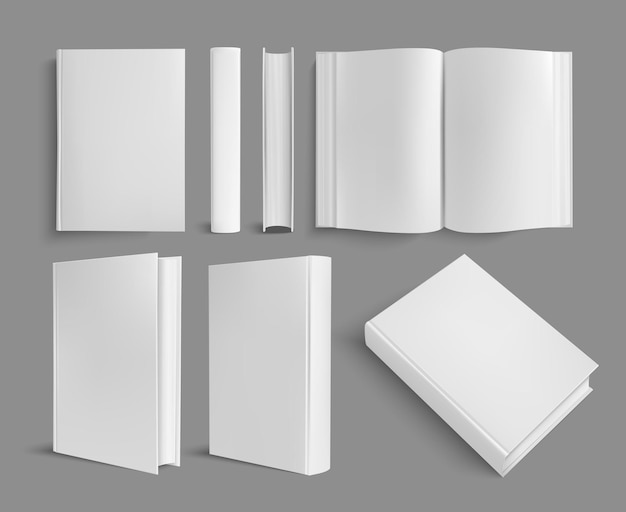 Бесплатное векторное изображение Реалистичный шаблон макета книги с различными боковыми видами открытых и закрытых книг с векторной иллюстрацией пустых страниц