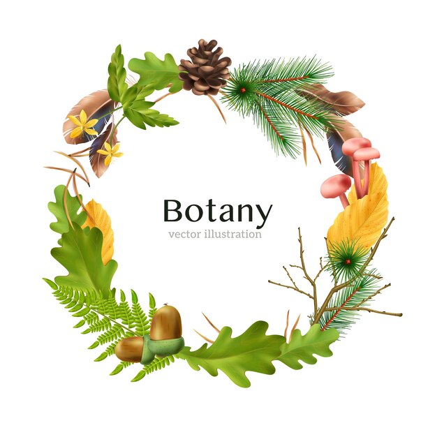 Realistic botanical forest wreath frame composition