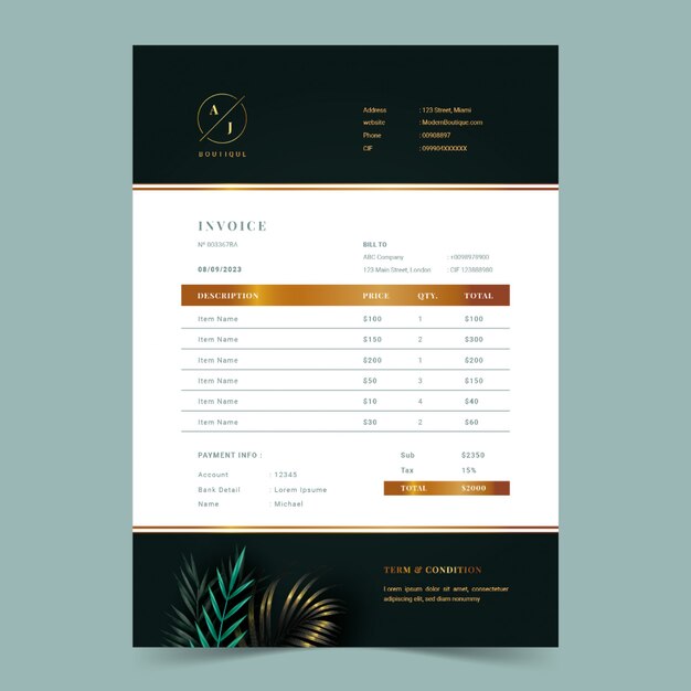 Realistic boutique invoice template