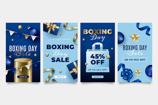 Free vector realistic boxing day sale instagram stories collection