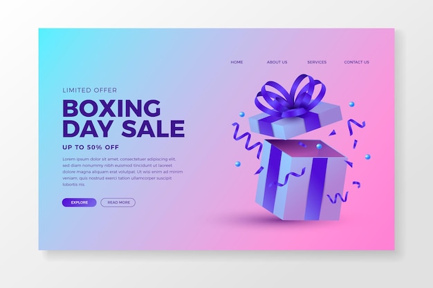 Realistic boxing day sale landing page template