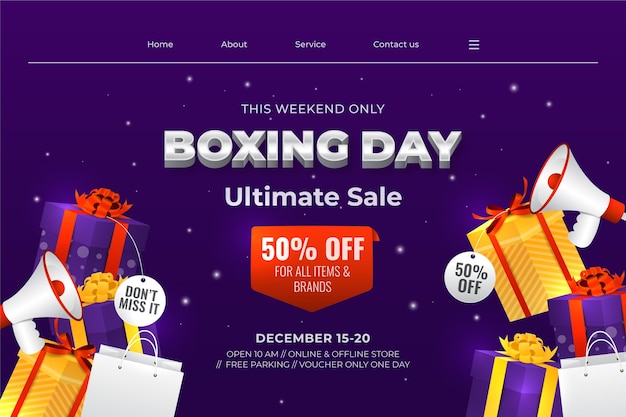 Realistic boxing day sale landing page template