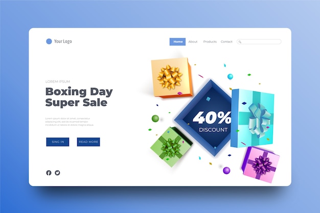 Realistic boxing day sale landing page template