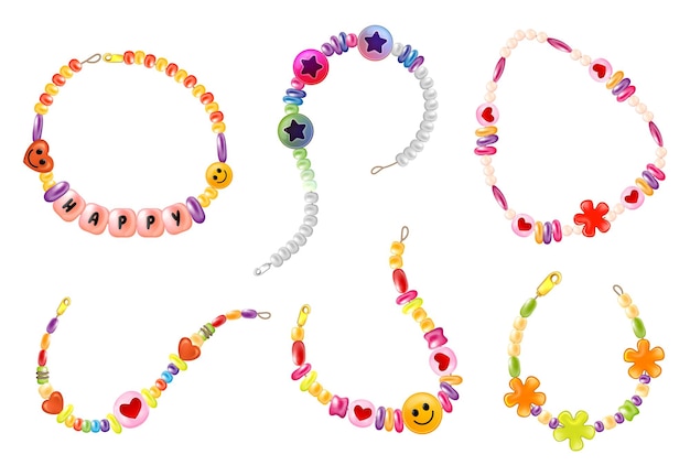 Free vector realistic bracelet set with isolated images of colorful love beads with string snaps on blank background vector illustration