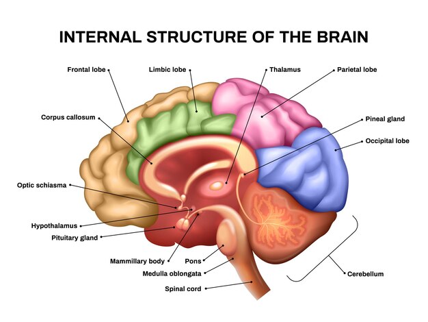 Realistic brain anatomy scheme with internal structure vector illustration