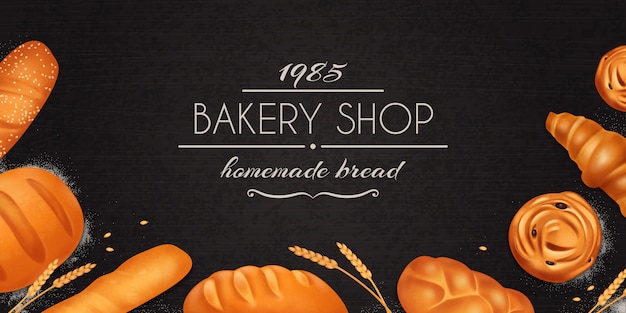 パン屋​さん​の​自家製​パン屋​さん​の​説明​と​パン​の​セット​を​持つ​現実的​な​パン​ベーカリー​組成