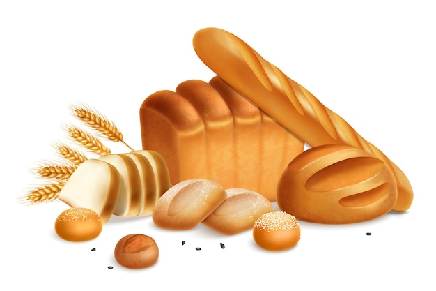 Free vector realistic bread composition with fresh loaves buns toasts ears of wheat vector illustration