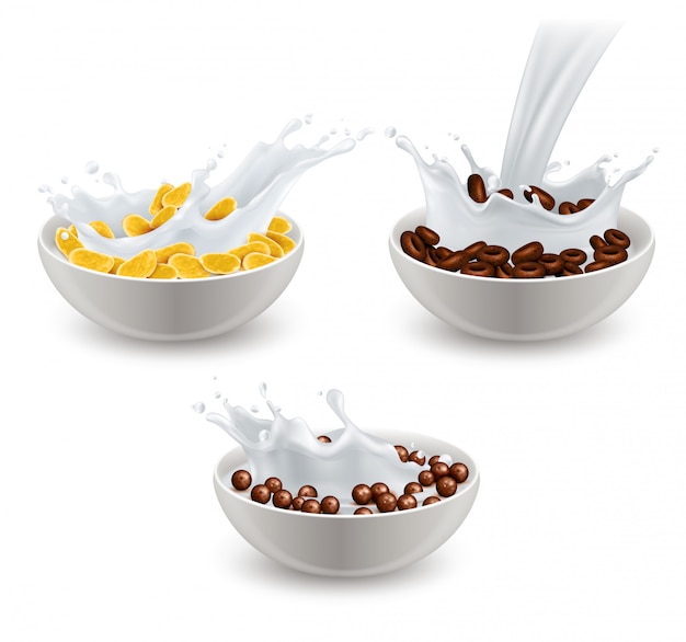 Free vector realistic breakfast cereals milk set