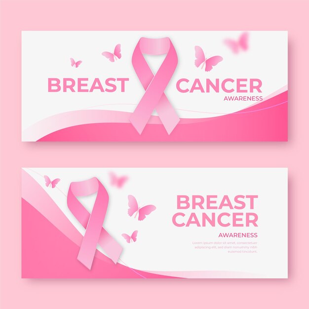 Realistic breast cancer awareness month horizontal banners set
