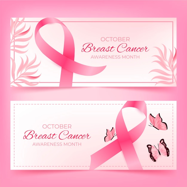 Realistic breast cancer awareness month horizontal banners set