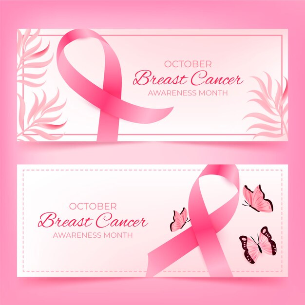 Realistic breast cancer awareness month horizontal banners set