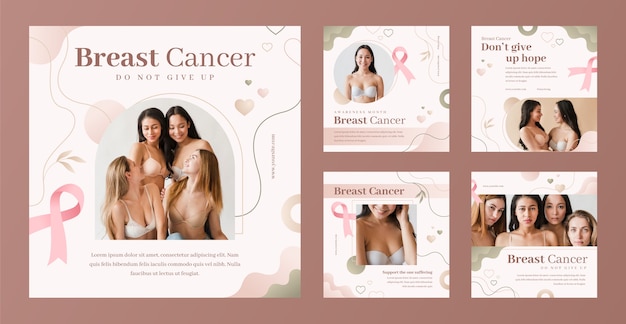 Free vector realistic breast cancer awareness month instagram posts collection