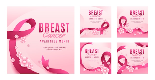 Реалистичная коллекция сообщений в instagram с месяцем осведомленности о раке молочной железы