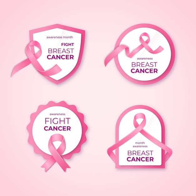 Vettore gratuito collezione di etichette del mese di consapevolezza del cancro al seno realistico