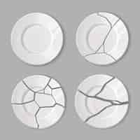 Free vector realistic broken dishware set with isolated unbroken and cracked white plates on grey background vector illustration