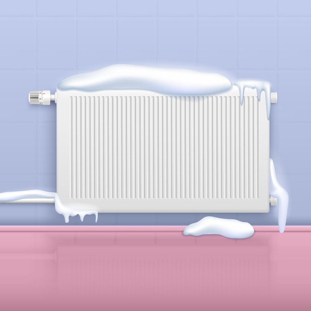 Бесплатное векторное изображение Реалистичный сломанный замороженный обогреватель дома, покрытый векторной иллюстрацией снега